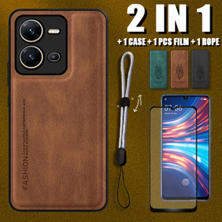 2 IN 1 เคสหนังหรูหรา พร้อมตัวป้องกันหน้าจอเซรามิค และเชือกปรับได้ สําหรับ VIVO V25 V25e