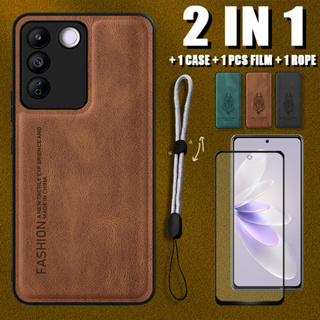 2 IN 1 เคสหนังหรูหรา พร้อมตัวป้องกันหน้าจอเซรามิค และเชือกปรับได้ สําหรับ VIVO V27e S16e