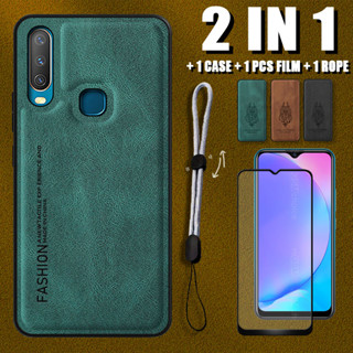 2 IN 1 เคสหนังหรูหรา พร้อมตัวป้องกันหน้าจอเซรามิค และเชือกปรับได้ สําหรับ VIVO Y12O Y15 Y17