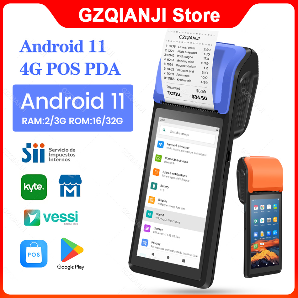 เครื่อง POS แบบพกพา PDA ระบบ Android 11 พร้อมเครื่องพิมพ์ความร้อนขนาด 58 มม. รองรับบลูทูธ, WiFi และเครือข่าย 4G, Loyverse App
