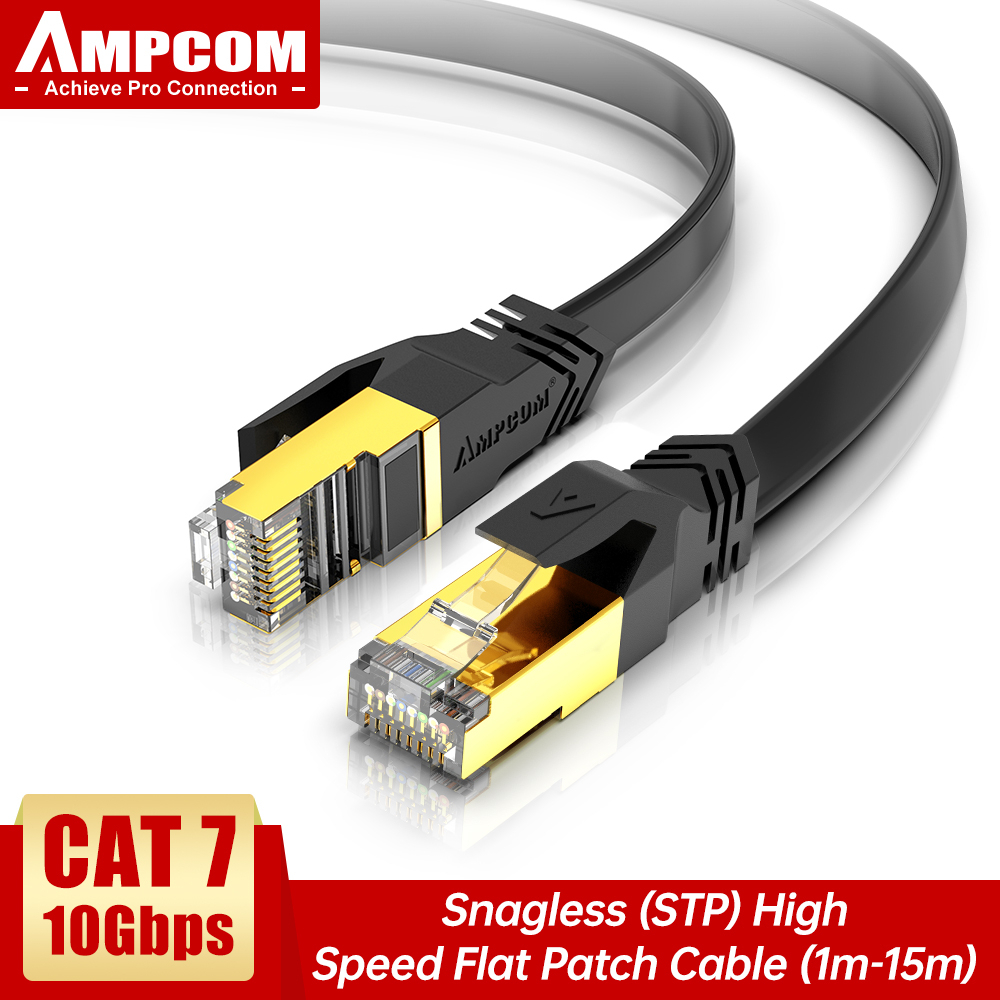 AMPCOM สายเคเบิลเครือข่ายแบบแบน CAT7 10/15/20/30M, ความเร็ว LAN 10 กิกะบิตสูงพร้อมปลั๊ก RJ45 ชุบทองสำหรับโหมดเกม Motormodate Switch