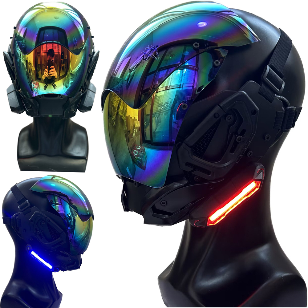 CyberPunk หน้ากากสี Robocop Future Warrior Samurai Flat Light คอสเพลย์ ACG SCI-FI หมวกกันน็อก LED Wo