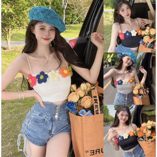 เสื้อครอปท็อป สายเดี่ยว เข้ารูป ลายดอกไม้ สีขาว แฟชั่นฤดูร้อน สําหรับผู้หญิง