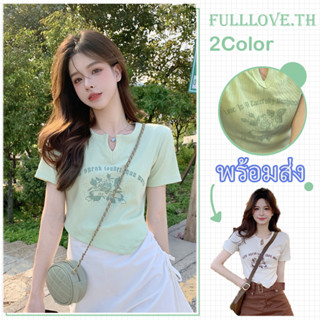 Fulllove เสื้อครอปท็อป คอวี แขนห้าส่วน พิมพ์ลาย สไตล์เรโทร เข้ากับทุกชุด สําหรับผู้หญิง