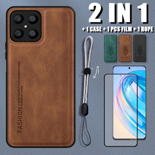 2 IN 1 เคสหนังนิ่ม หรูหรา พร้อมฟิล์มเซรามิค และสายคล้อง ปรับได้ สําหรับ Honor X8