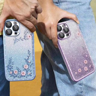 เคสโทรศัพท์มือถือแบบนิ่ม TPU ใส กันกระแทก กันรอยเลนส์กล้อง แต่งกลิตเตอร์ เพชร ดอกไม้ หรูหรา สําหรับ iPhone 11 12 13 14 Pro Max 14 Plus