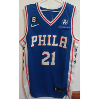 เสื้อกีฬาบาสเก็ตบอล ปักลาย Philadelphia 76ers 21 Joel สีฟ้า สําหรับผู้ชาย 2023