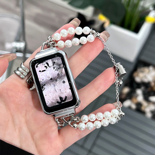 เคสนาฬิกาข้อมือ สเตนเลส โลหะ ประดับมุก พร้อมสายคล้องข้อมือ หรูหรา สําหรับ Huawei Band 7 6 6 Pro Honor Band 7 6