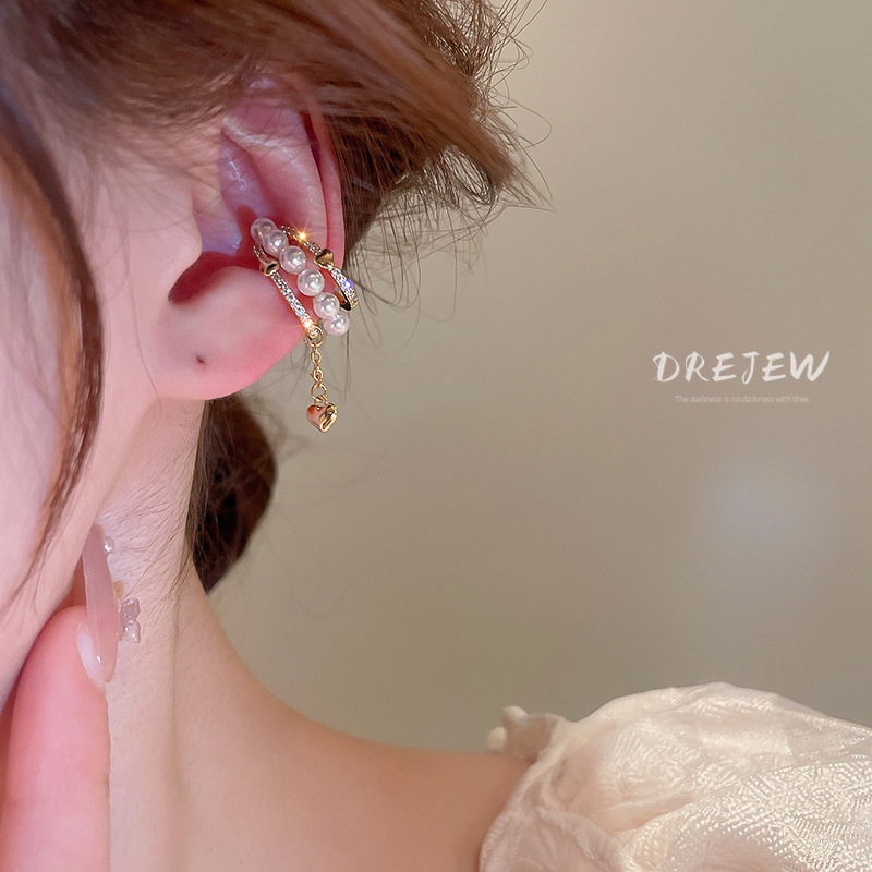 DREJEW ต่างหูโซ่ ทอง 18K ประดับมุก เพทาย สามชั้น ไม่ต้องเจาะหู