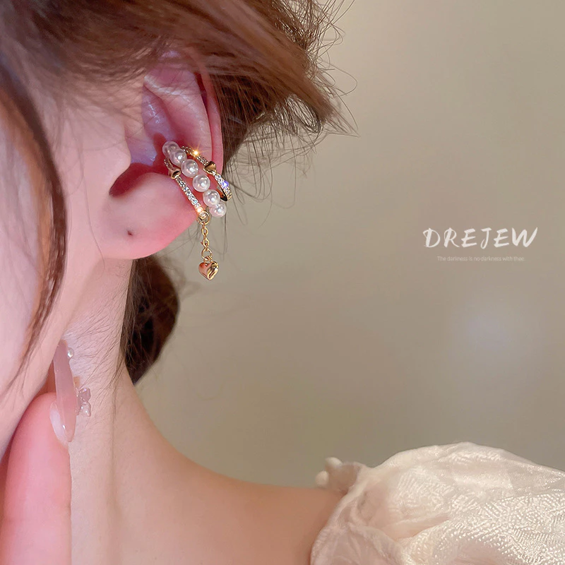DREJEW ต่างหูโซ่ ทอง 18K ประดับมุก เพทาย สามชั้น ไม่ต้องเจาะหู