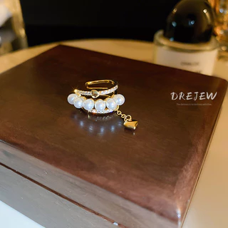 DREJEW ต่างหูโซ่ ทอง 18K ประดับมุก เพทาย สามชั้น ไม่ต้องเจาะหู