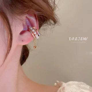 DREJEW ต่างหูโซ่ ทอง 18K ประดับมุก เพทาย สามชั้น ไม่ต้องเจาะหู