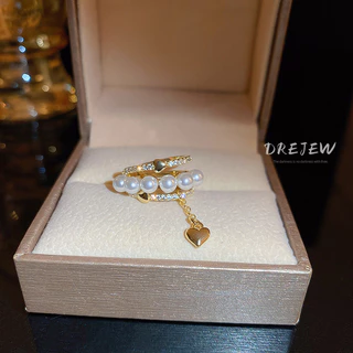 DREJEW ต่างหูโซ่ ทอง 18K ประดับมุก เพทาย สามชั้น ไม่ต้องเจาะหู