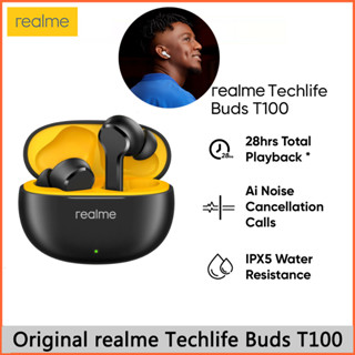 Realme Techlife Buds T100 หูฟังบลูทูธ เล่นได้ 28 ชั่วโมง | การโทรตัดเสียงรบกวน Ai | กันน้ํา IPX5