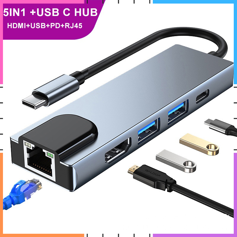 Ready Stock5 in 1 Type C Multi-function USB HUB [USB 3.0 x2/PD Charge/4K HDTV/Gigabit LAN RJ45