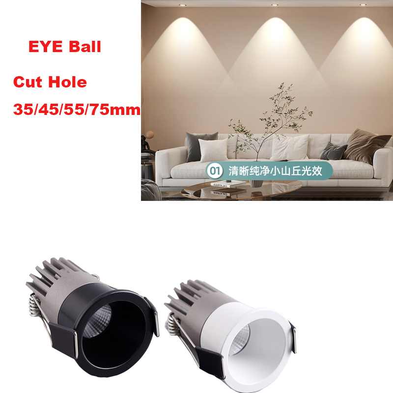 สปอตไลท์แบบฝัง LED Eyeball COB ดาวน์ไลท์ 10W 15w 3w 5w 3000K/4000K/6000K Anti-glare เพดาน Spot Light Cut Hole 35/45/55/75 มม.