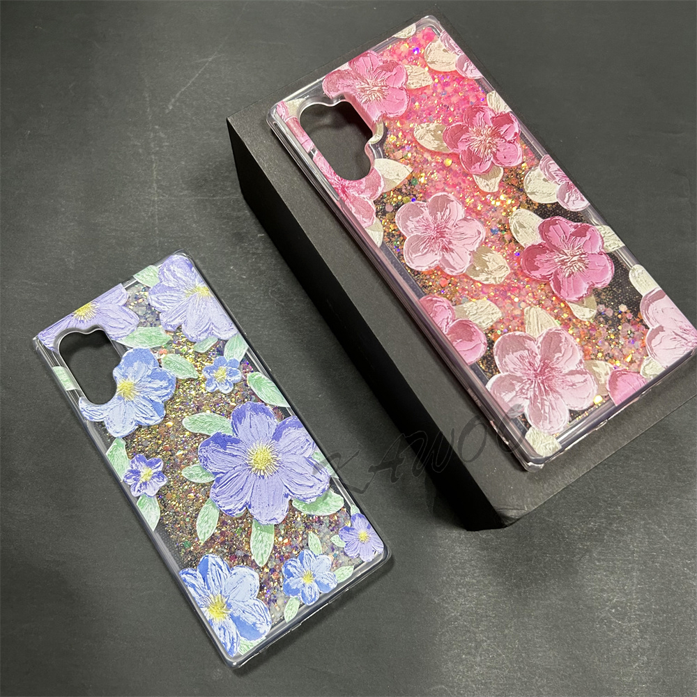สําหรับ Samsung Note 10 Plus 20 S21 S22 Plus S23 Ultra ภาพวาดดอกไม้ลวดลาย Glitter Liquid Bling Quicksand Glow In The Dark กรณีฝาครอบ