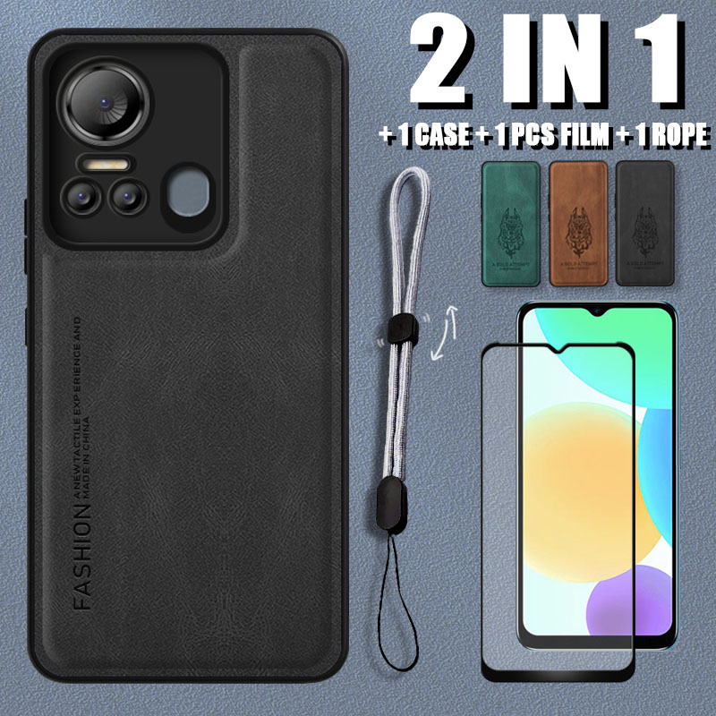 2 IN 1 เคสโทรศัพท์มือถือหนังนิ่ม หรูหรา พร้อมฟิล์มเซรามิค และสายคล้อง ปรับได้ สําหรับ Itel Vision 5 