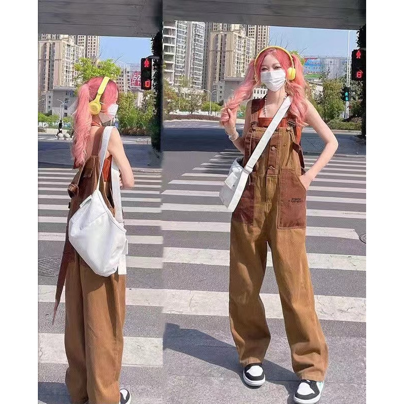 Qike พร้อมส่ง ชุดเอี๊ยมกางเกงขายาว ทรงหลวม แนวตรง เข้ากับทุกการแต่งกาย แฟชั่นฤดูร้อน สไตล์เรโทร สําหรับผู้หญิง