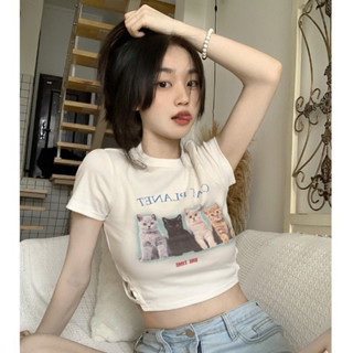 NZN เสื้อครอปแขนสั้น พิมพ์ลายการ์ตูน แฟชั่นสําหรับผู้หญิง เสื้อเอวลอย