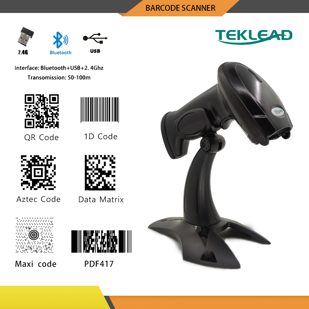 Teklead เครื่องสแกนบาร์โค้ด 2D บลูทูธไร้สาย 2.4G 1D QR PDF417 มีสาย USB สําหรับร้านค้าปลีกซูเปอร์มาร