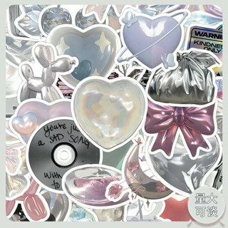 【60 ชิ้น】สติกเกอร์ของใช้สีเมทาลิก3Dเท่ๆ สติกเกอร์กันน้ำ PVC Pink Silver 3D Stickers