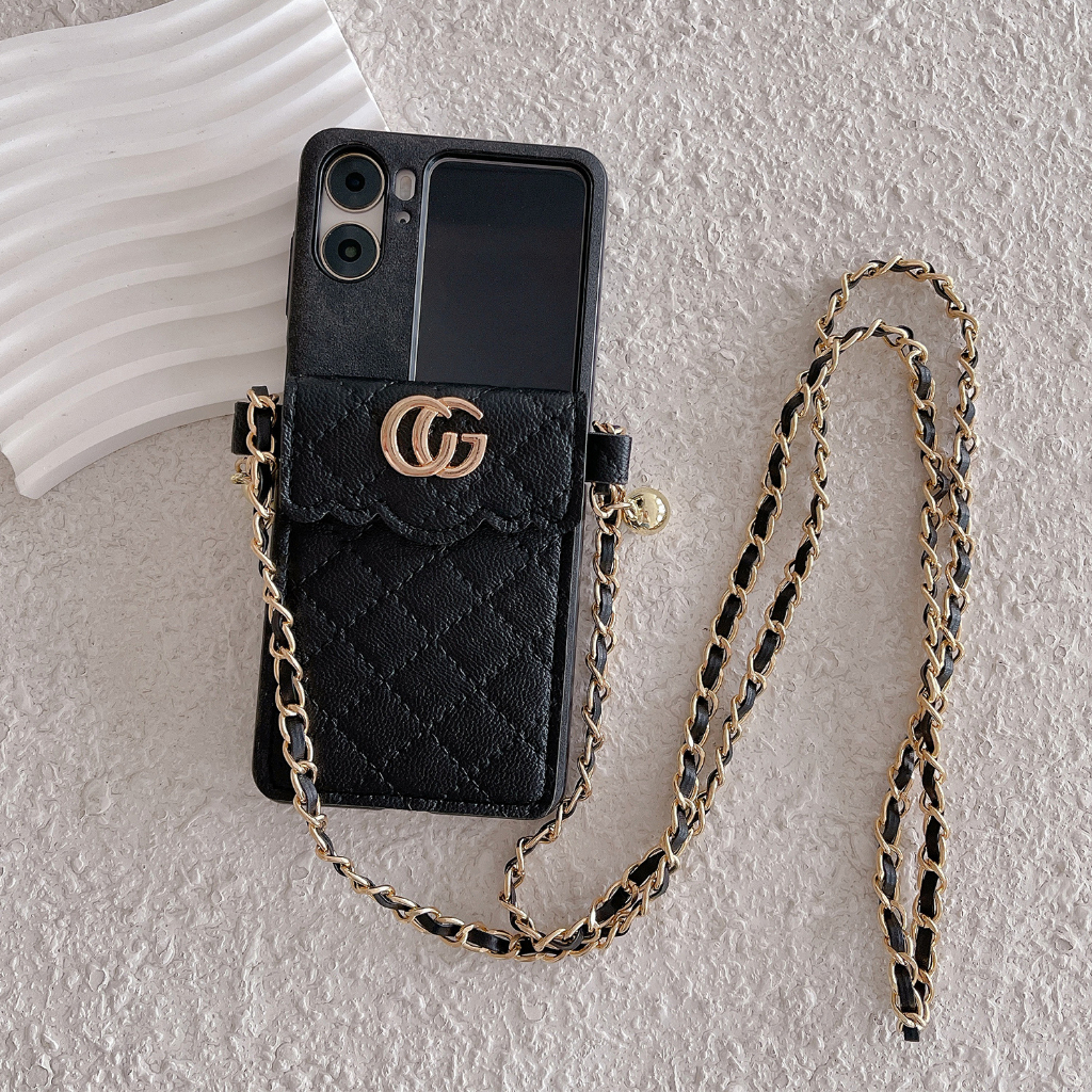 เคส Case for OPPO Find N2 N3 Flip โทรศัพท์มือถือหนัง PU ฝาพับ พร้อมสายโซ่คล้องคอ และช่องใส่บัตร หรูหรา สําหรับ Luxury PU Leather Flip Cover Card Holder Pocket Bag With Metal Crossbody Necklace Chain Strap Long Lanyard Cord เคสฝาพับ
