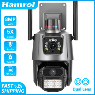 Hamrol กล้องวงจรปิด CCTV 4K 8MP เลนส์คู่ PTZ กันน้ํา ติดตามอัตโนมัติ สองทาง สีแดง และสีฟ้า