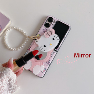 เคส  OPPO Find N2 Flip โทรศัพท์มือถือหนัง PU ฝาพับ ลาย Hello Kitty พร้อมสายคล้องข้อมือ ประดับไข่มุกเทียม สีชมพู สําหรับ PU Leather Flip Cover Cute Pink Hello Kitty Mirror With Pearl Bracelet Wristband Wrist Strap Lanyard Mobile Phone Covers เคสฝาพับ