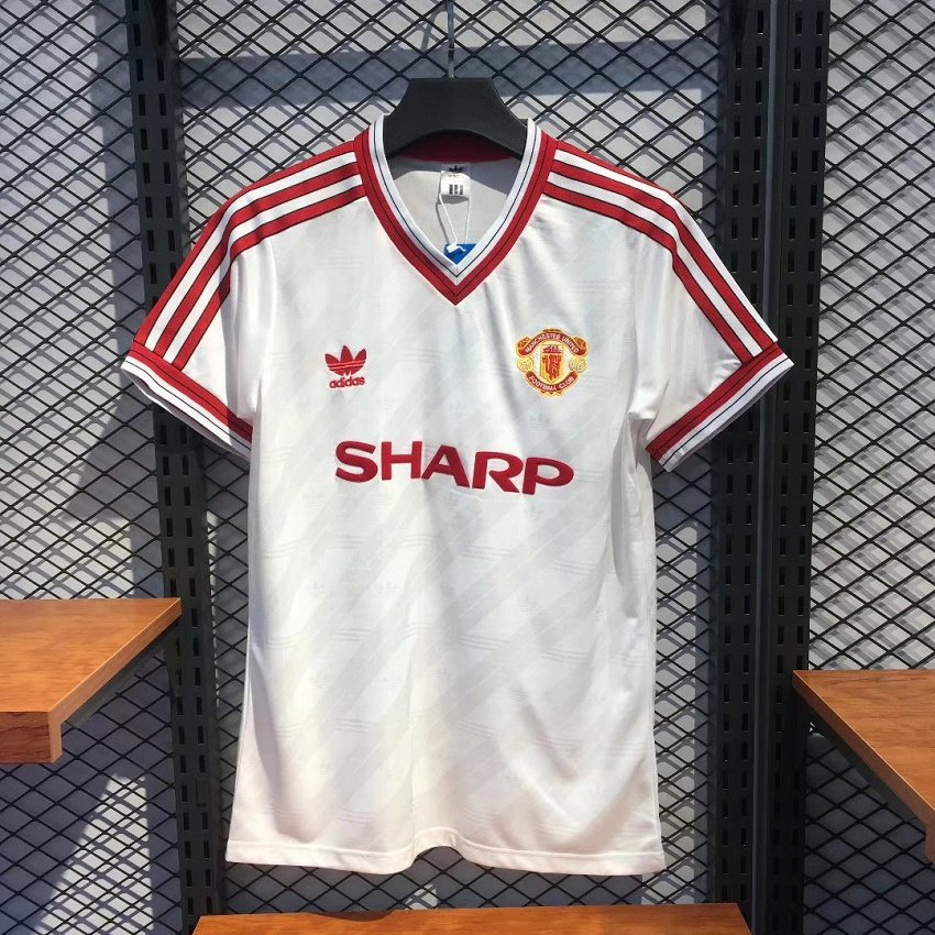 1988 เสื้อฟุตบอล Man Utd ผู้ชายสีขาว Retro TOp แมนเชสเตอร์ ยูไนเต็ด ฟุตบอล SHirts