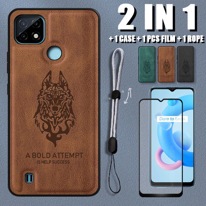 เคสหนังหรูหรา ลายหมาป่า 2 IN 1 พร้อมตัวป้องกันหน้าจอเซรามิค และสายคล้อง ปรับได้ สําหรับ Realme C21Y C25Y