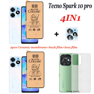 (4 In 1) ฟิล์มเซรามิค กันรอยหน้าจอ สําหรับ Tecno Spark 10 Pro 10C 10 4G 8C 8P 8 7P 7T 9T Pova 2 2 ชิ้น ฟิล์มเลนส์ 1 ชิ้น ฟิล์มด้านหลัง 1 ชิ้น