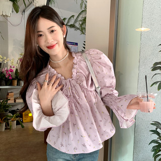 เสื้อคอวี แขนสั้น ลายดอกไม้ สีม่วง สไตล์เกาหลี