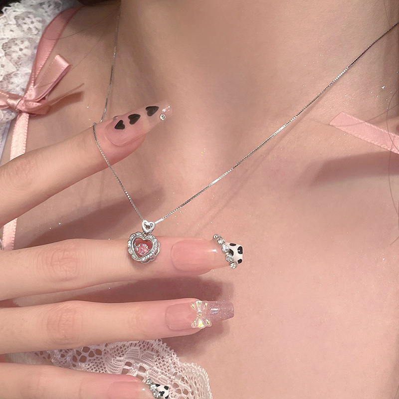 【MHANG】สร้อยจี้หัวใจเพชรแฟชั่น สร้อยคอเพชรหัวใจเงิน สร้อยคอจี้หัวใจเพชรสีชมพู เครื่องประดับ ของขวัญให้แฟน
