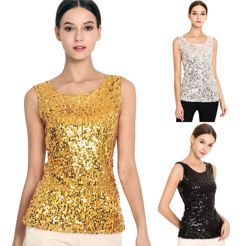 Glitter top เลื่อม crop top สลิงผู้หญิง 2026 ปีใหม่ plus ขนาด 5XL Bling หลวมเสื้อแขนกุดคริสต์มาส