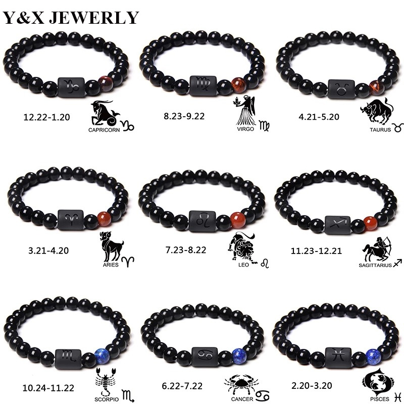 【Y&X】สร้อยข้อมือลูกปัดหินนิลธรรมชาติ สีดํา 12 กลุ่มดาว ของขวัญวันเกิด สําหรับผู้หญิง และผู้ชาย