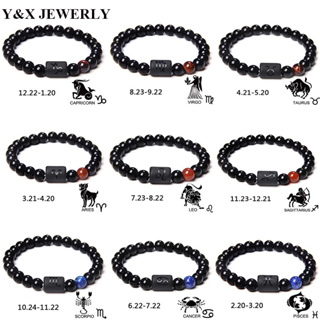 【Y&amp;X】สร้อยข้อมือลูกปัดหินนิลธรรมชาติ สีดํา 12 กลุ่มดาว ของขวัญวันเกิด สําหรับผู้หญิง และผู้ชาย