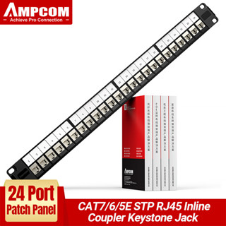 Ampcom แผงแพทช์ผ่าน RJ45 24 พอร์ต พร้อมแบ็คเพลน เมาท์แร็ค 1U 19 นิ้ว CAT6 CAT7 STP