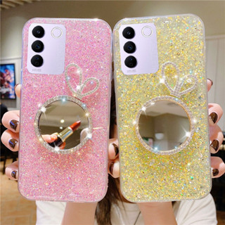 Hot Sales เคส  VIVO V27 5G 2023 V25 V25E V23 V23e Y02 Y02s Y22s Y22 Y35 2022 New Fashion Glitter Transparent Bling Diamond Silver Rabbit Makeup Mirror Soft Case Drop Protection Cover VIVOV27 VivoV25E VivoY02 เคสโทรศัพท์