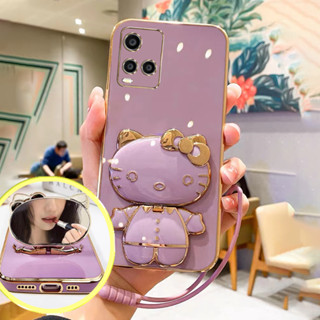 เคส vivo Y36 Y33S Y21T T1X Y15A Y15S Y01 V23E V21E Y20 Y12A Y12s เคสโทรศัพท์มือถือ ลายการ์ตูนคิตตี้ พร้อมกระจกแต่งหน้า และสายคล้อง สําหรับ