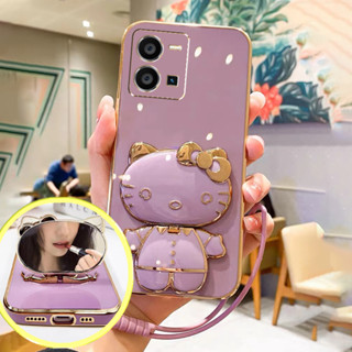 เคส vivo Y36 Y35 Y22 V25E V25 Pro Y72 5G Y77 เคสโทรศัพท์มือถือ ลายการ์ตูนคิตตี้ พร้อมกระจกแต่งหน้า และสายคล้อง สําหรับ