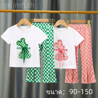 🍒gkljmh.th🍒 เสื้อยืดลําลอง ผ้าฝ้ายแท้ ลายการ์ตูน และกางเกง แฟชั่นฤดูร้อน สําหรับเด็กผู้หญิง สองชิ้น