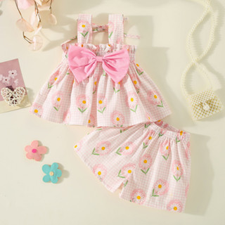 Childrens New Two Piece Chrysanthemum Plaid Suspender Top+Shorts Big Bow Childrens Set 0-3 Years Old