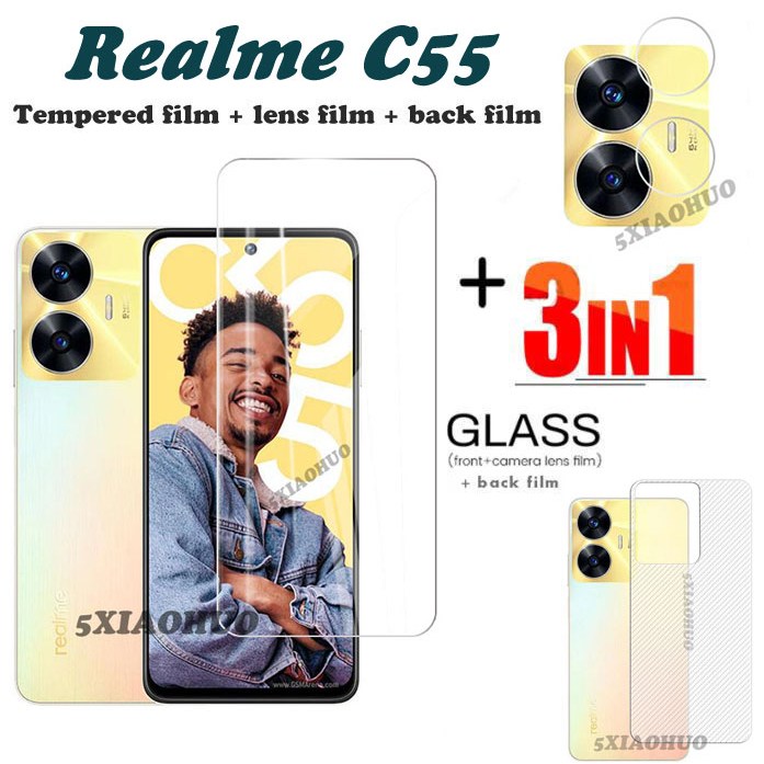 3in1 ฟิล์มกระจกนิรภัยกันรอยหน้าจอ คาร์บอนไฟเบอร์ ผิวด้าน ป้องกันเลนส์กล้อง สําหรับ OPPO Realme C55 Realme C33 Realme C30 C30S C35