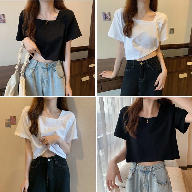 【WJZ】เสื้อยืดแขนสั้นทรงหลวมคอเหลี่ยมแฟชั่นสตรีสไตล์เกาหลีสีทึบ【6782】
