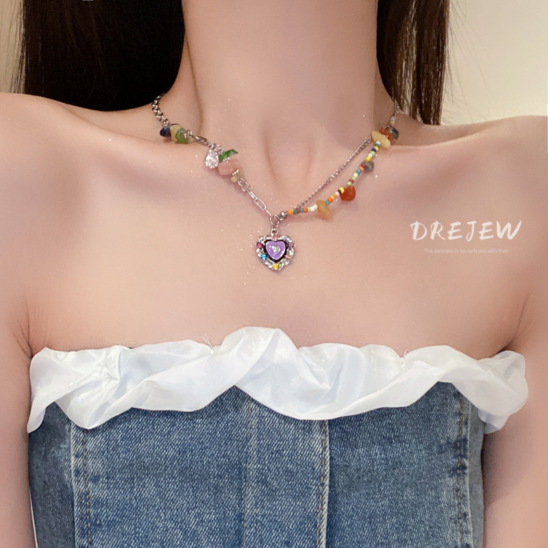 DREJEW สร้อยคอโซ่แฟชั่น ประดับลูกปัดเพชร รูปหัวใจ หลากสีสัน