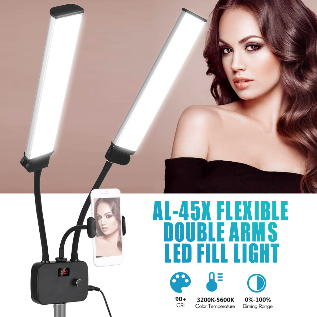 (พร้อมส่ง) ไฟเติมแสง Led 3200K-4500K-5600K แขนคู่ ยืดหยุ่น 45W หรี่แสงได้ 3 โหมด พร้อมที่วางโทรศัพท์ สําหรับถ่ายภาพ ถ่ายทอดสด วีล็อก แต่งหน้