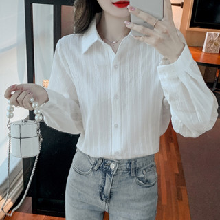เสื้อเชิ้ตแขนยาว ลายทาง สีขาว สไตล์ฝรั่งเศส ออกแบบใหม่ สําหรับผู้หญิง