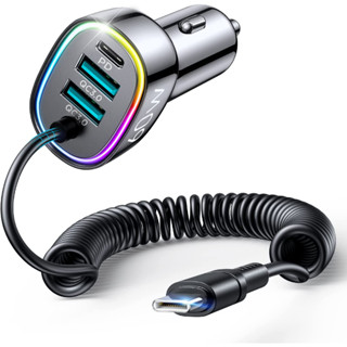 ที่ชาร์จในรถยนต์ USB C 60W 4 พอร์ต ชาร์จเร็ว [PD&amp; QC3.0 ชาร์จเร็ว] [สายเคเบิล Type C แบบขดลวดขยายได้] อะแดปเตอร์ที่จุดบุหรี่หลายพอร์ต