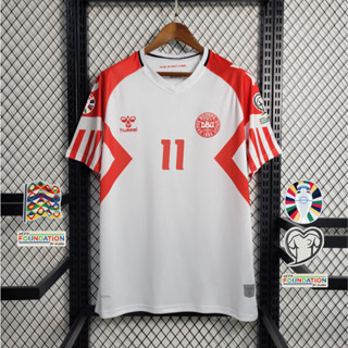 เสื้อกีฬาแขนสั้น ลายทีม Denmark away 23 24 EURO Fans ชุดเยือน S-2XL เพิ่มชื่อ และตัวเลข